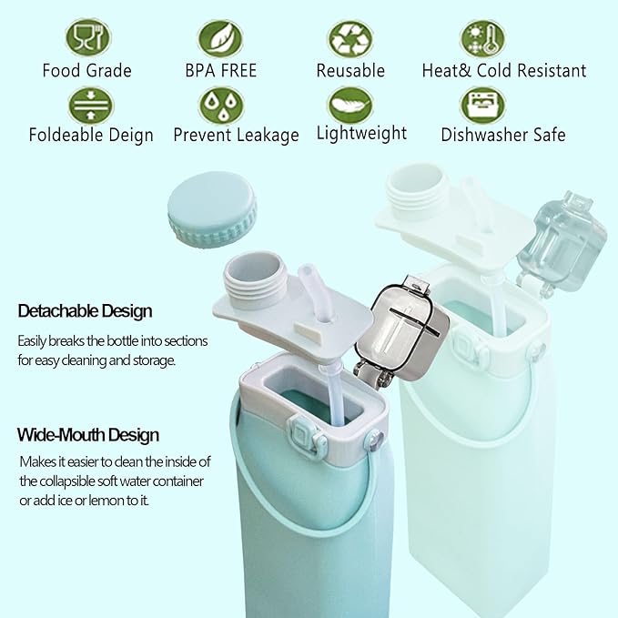 THAIOXYH® Collapsible Water Bottles 20oz Reuseable Leakproof BPA Free Silicone Foldable Water Bottles for Traveling Running Hiking Camping Sports