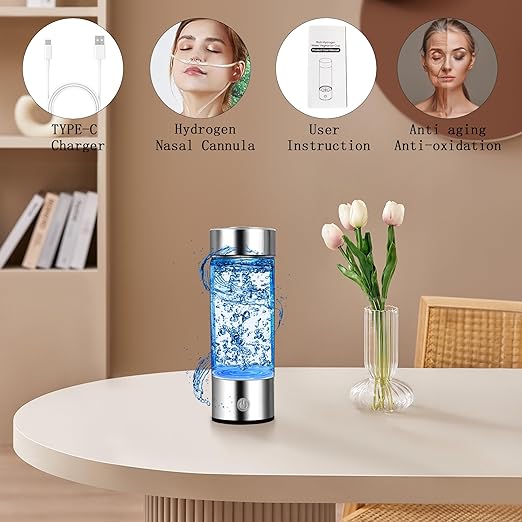 Hydrogen Water Bottle Generator, AquaHealth Hydrogen Water Bottles, 450ml Portable Rechargeable Hydrogen Water Ionizer Hydrogen-Rich Water Bottle Glass for Home, Travel, Office w/Hydrogen Suction Tube