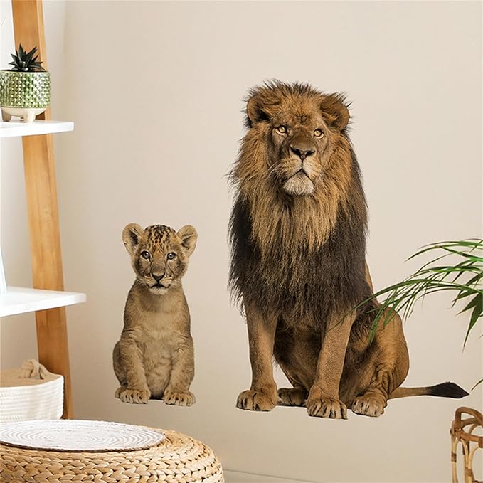 Lion Wall Decals, Vinyl Removable 3D Stickers for Bedroom Nursery Decor - Peel and Stick Cute Baby Girl Boy Toddler Kids Room Art Decoration, Woodland Forest Safari Jungle Mural Waterproof