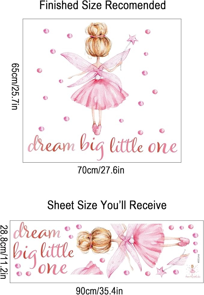 Pink Little Ballerina Decor for Girls Room Dream Big Little One Baby Nursery Wall Decals Peel and Stick Barbie Princess Wall Stickers & Murals for Girls Bedroom Living Room Classroom Playroom