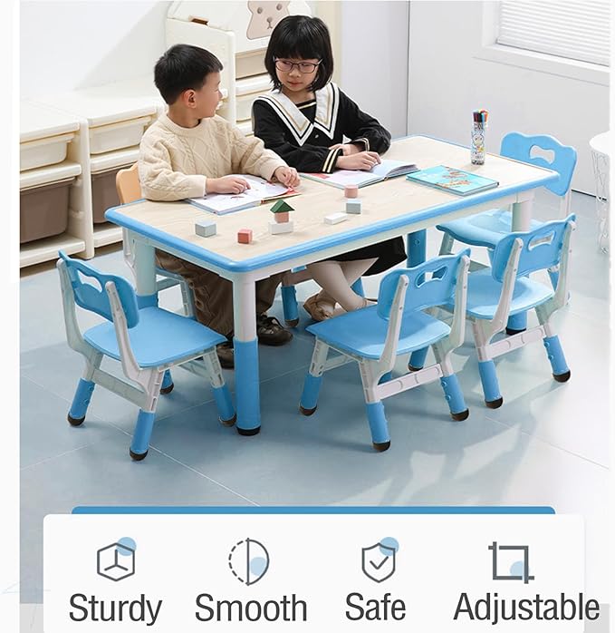 Kids Table and 6 Chair Set - Height Adjustable, Multifunctional Desk, Ergonomically Designed Chairs, Max 300lbs, for Ages 2-10, Classroom, Daycares, Home