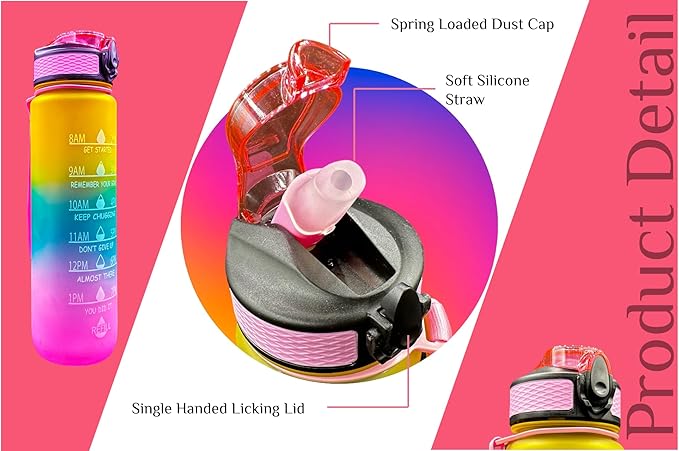 Yaa Fresh Water Bottles, 32oz Motivational Sports Water Bottle with Time Marker-Times to Drink-Tritan, BPA Free, Leakproof water bottle (1 Pack) (Pink-Green-Yellow)