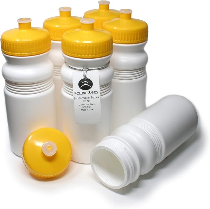 Rolling Sands 20 Ounce Sports Water Bottles 6 Pack, BPA-Free, Made In USA, Dishwasher Safe, White Bottles/Yellow Lids