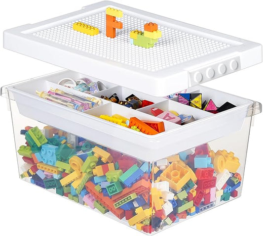 loobuu Plastic Storage Bins with Lids - 1 Set Stackable Arts Crafts Organizer Box with Removable Divided Tray &Compatible Building Baseplate,Toy Chest Containers for Bricks -White(14.37"x9.64"x6.69")