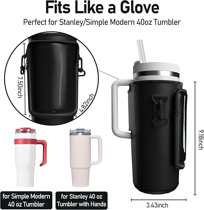 Water Bottle Carrier Bag with Phone Pocket for 40oz Tumbler with Handle, Adjustable Strap Neoprene Water Bottle Sleeve Pouch for Hiking Camping Travelling. (Black)