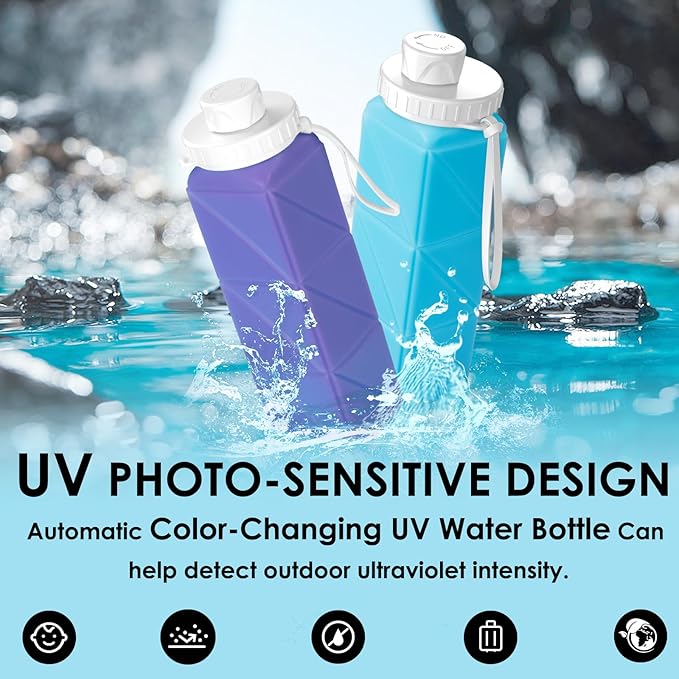 Collapsible Water Bottles,BPA-Free Leak-Proof Silicone Foldable Water Bottle Cup 20.6oz,Durable Lightweight Bottle for Gym Travel Camping Hiking Running (UV Discoloration)