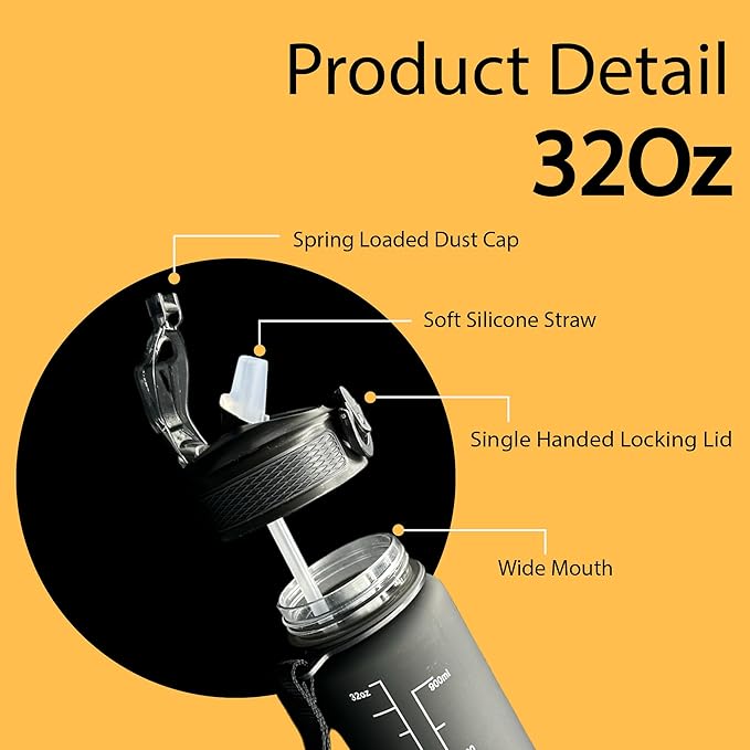 Yaa Fresh Water Bottles, 32oz Motivational Sports Water Bottle with Time Marker-Times to Drink-Tritan, BPA Free, Leakproof water bottle (1 Pack) (Black)