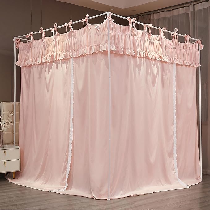 Ruffle Lace up 4 Corners Post Princess Curtain Bed Canopy Cozy Breathable Mosquito Net Cloth for Girls Adults Bedroom Decoration (Pink, 64" W*82" L*82" H/Queen)