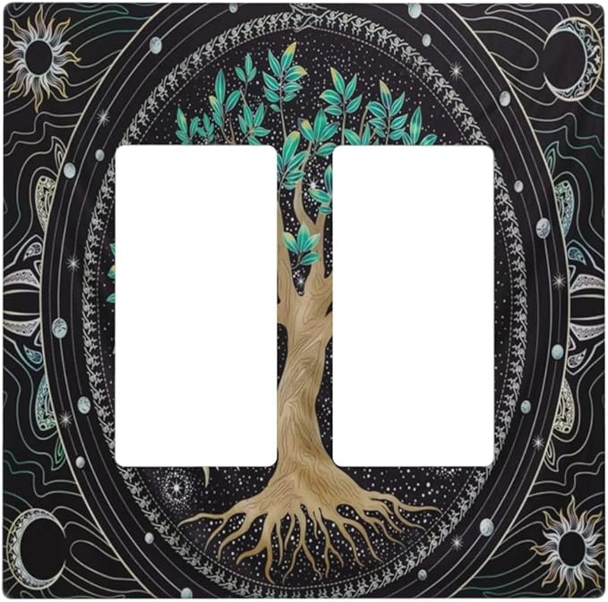 Tree of Life Blackground 2 Gang Rocker Decora Light Switch Cover Decorative Hippie Sun Moon Star Outlet Covers Wall Plate Electrical Faceplate Switchcovers GFCI for Bathroom Bedroom Livingroom Decor