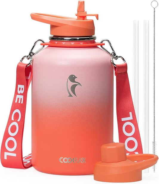 Coolflask 64 oz Water Bottle with Straw, Half Gallon Insulated Large Water Jug with Straw & Spout Lids, Double Wall Stainless Steel Metal Flask, Keep Cold 48h Hot 24h, Sunny Orange