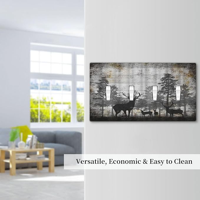 Rustic Deer Forest Vintage Wood Board Quad Toggle Boho Light Switch Covers Decorative Country Unique 4 Gang Wall Plate Electrical Faceplate Switchplate for Farmhouse Bedroom Decor