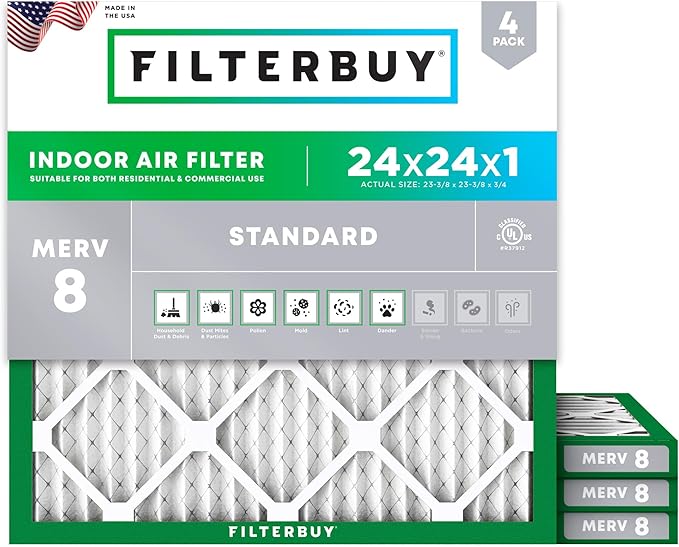 Filterbuy 24x24x1 Air Filter MERV 8 Dust Defense (4-Pack), Pleated HVAC AC Furnace Air Filters Replacement (Actual Size: 23.38 x 23.38 x 0.75 Inches)
