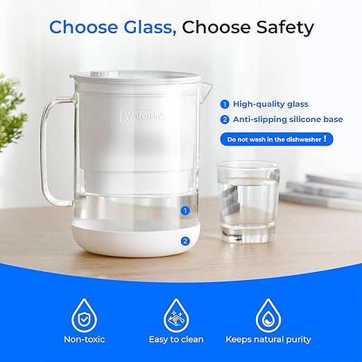 Waterdrop Glass Water Filter Pitcher with 1 Filter, Eco-friendly, with NSF 53&42&372 Certified Filter, 7-Cup, Reduces PFOA/PFOS, Chlorine, Cadmium, Copper, Mercury, BPA Free, Easy to Clean, White