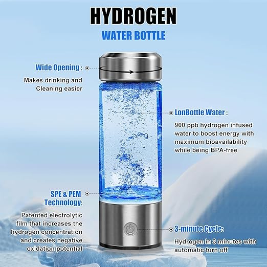 Hydrogen Water Bottle Portable, Hydrogen Water Bottle Generator with PEM SPE Technology, Hydrogen Water Ionizer Machine for Exercise Home Office Travel (Silver)