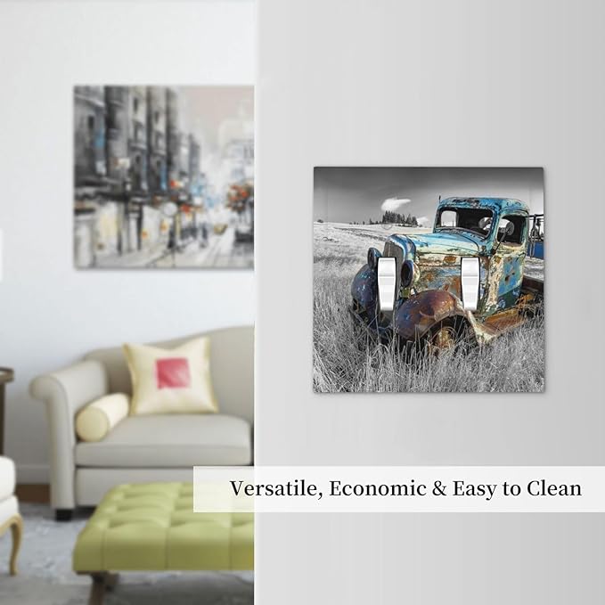 Vintage Country Old Blue Truck Double Toggle Light Switch Cover Decorative Rustic Automobile 2 Gang Wall Plate Electrical Faceplate Switchplate for Bathroom Bedroom Living Room Decor