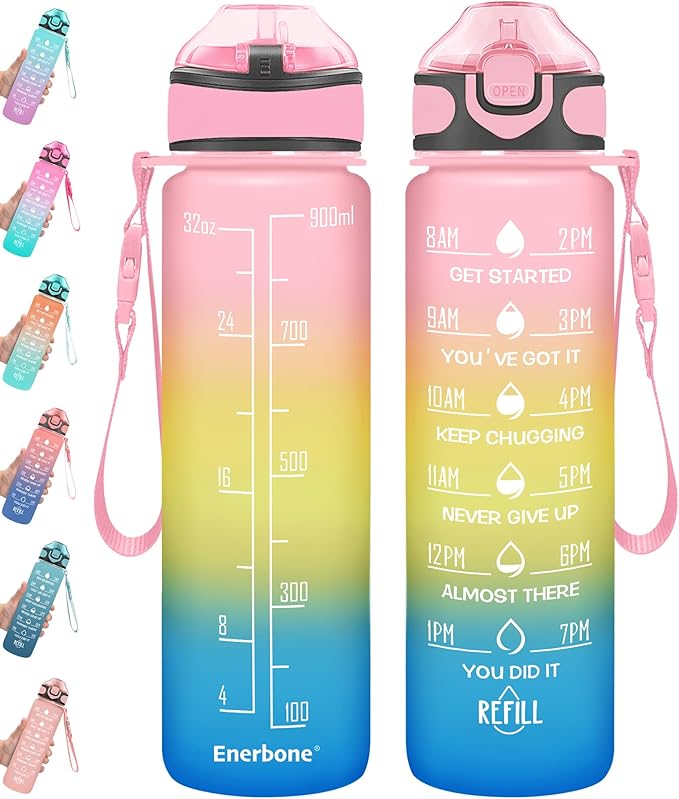 Enerbone 32 oz Drinking Water Bottle with Times to Drink and Straw, Motivational with Carrying Strap, Leakproof BPA & Toxic Free, Ensure You Drink Enough Water for Fitness Gym Outdoor