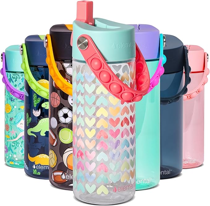 Elemental Leak Proof Water Bottles for Kids - Splash Kids Water Bottle for School with Fun Fidget Pop-it Handle - BPA Free Tritan Plastic Reusable Water Bottle with Straw - Rainbow Heart - 18oz