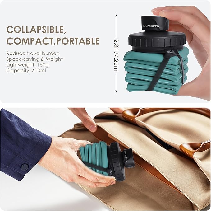 INNERNEED Collapsible Water Bottle, Reuseable BPA Free Silicone Foldable Water Bottles for Travel Gym Camping Hiking, 20.6 fl.oz, Portable, Food-Grade, Leak Proof (1 Pack, Dark Green)
