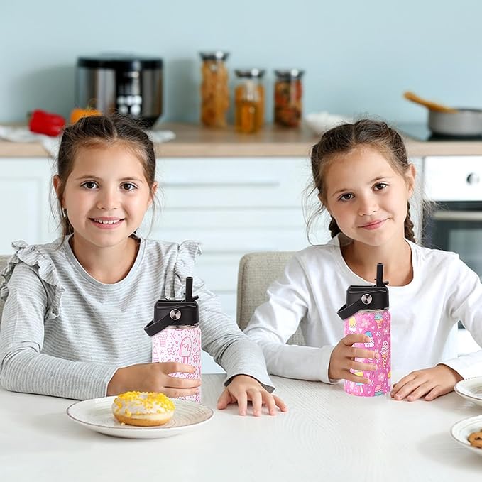 Kids Insulated Water Bottle, 2 Pack 12oz Ice Cream Water Bottles Bulk with Flip Straw & Big Handle, Gifts for Kids Girls to School Travel Sports, Hands Wash Only, Pink & White