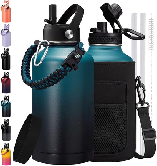 Half-gallon Insulated Water Bottle 64 oz - with Straw & Auto Spout Lid, Strap Carrier Pouch, Paracord Handle, Metal 1/2 Gallon Water Bottles Thermal Flask, Wide Mouth Hydro Jug for Hiking Camping