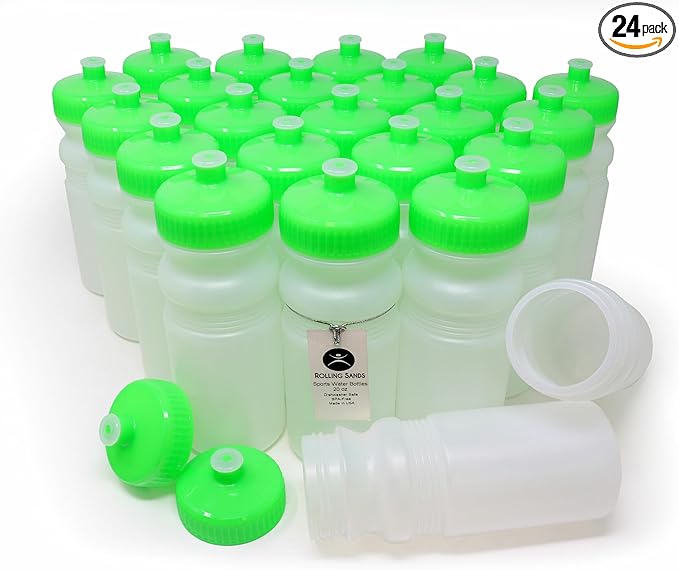 Rolling Sands 20 Oz Sports Water Bottles 24 Pk, BPA-Free, Made in USA, Dishwasher Safe, Clear Frost Bottles/Neon Lime Green Lids