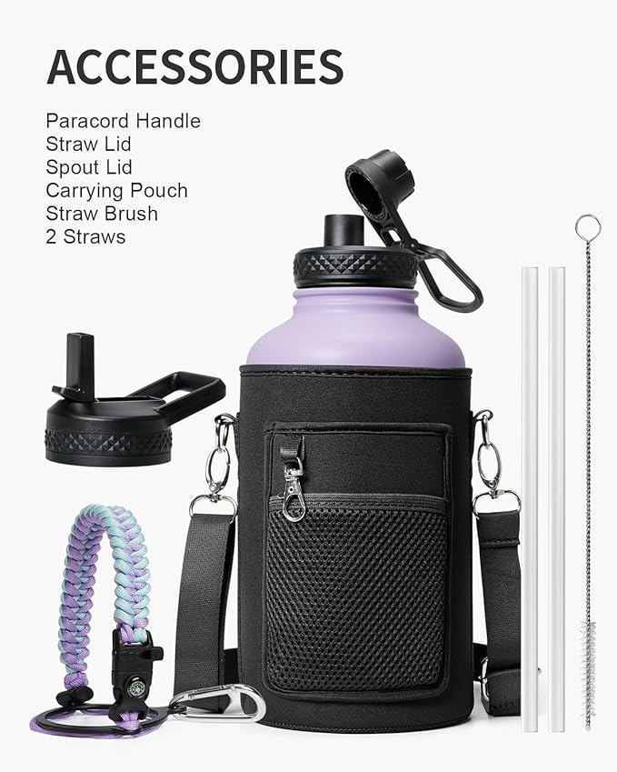 Insulated Water Bottle 64oz,Half Gallon Water Flask Stainless Steel, Cold for 48 Hrs,BPA-Free & Leakproof -with Paracord Handle, Strap,Straw Spout Lids,Large Jug for Gym Sports,Purple Green