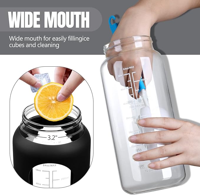 MUKOKO 64oz Glass Water Bottles with Straw, Half Gallon Water Bottle with Time Marker, Motivational Water Bottle with Silicone Sleeves,Large Glass Water Bottle for Gym,Working,Outdoor,Black
