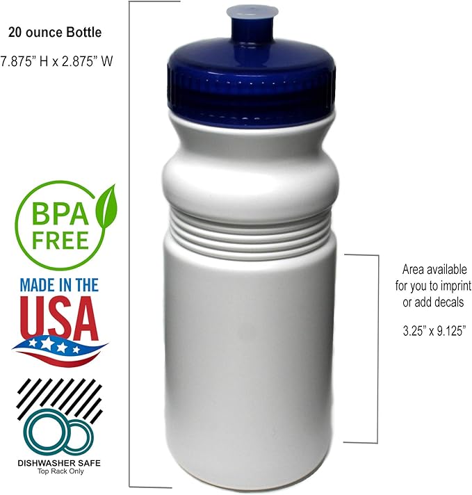 Rolling Sands 20 Ounce Sports Water Bottles 24 Pack, BPA-Free, Made in USA, Dishwasher Safe, White Bottles/Navy Lids