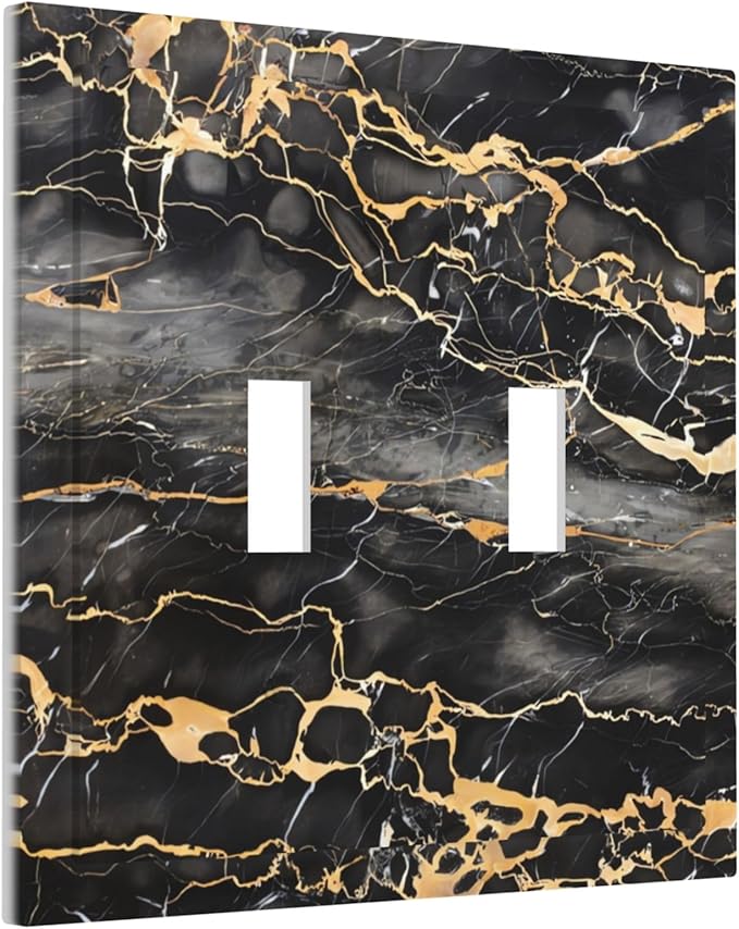 Golden Veins Marble Double Toggle Light Switch Covers 2 Gang Wall Plate Dual Decorative Switchplate Electrical Faceplate for Bathroom Country Kitchen Bedroom Decor, 4.9" x 5"