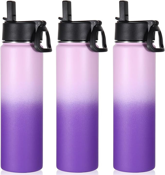 Volhoply 24oz Insulated Water Bottle With Straw Bulk 3 Pack,Metal Wide Mouth Water Bottles With Handle Lid,Reusable Double Wall Thermos,Powder Coated Sport Bottle For Holder(Lavender,3 Count)