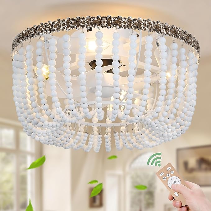 Boho Wood Beads Ceiling Fan with Light & Remote, 18" Coastal Fandelier Ceiling Fan with Light,Flush Mount Caged Ceiling Fan with 6 Speeds, Bohemian Fandelier Chandelier Fan for Bedroom/Kitchen/Nursery
