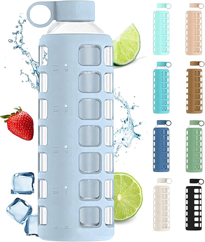 purifyou Premium 40/32 / 22/12 oz Glass Water Bottles with Volume & Times to Drink, Silicone Sleeve & Stainless Steel Lid Insert, Reusable Bottle for Fridge Water, Milk, Juice (32oz Ice Blue)