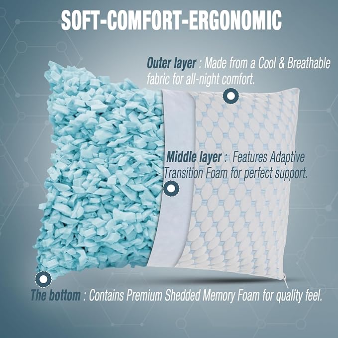 Cooling Shredded Memory Foam Pillow for Travel and Camping – Adjustable Gel for Personalized Support – Double-Sided Ice Silk & Soft Rayon – Lightweight, Compressible