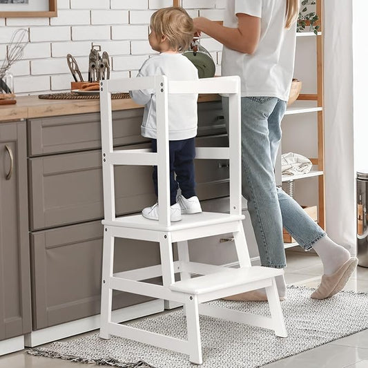Kids Kitchen Step Stool, Standing Stool with Safety Rail for Toddlers 18 Months and Older, Safety Anti-Slip Protection, Removable Step Stool for Adult Use, White