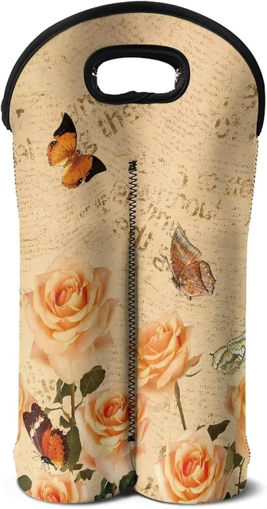 doginthehole 2 Bottle Neoprene Wine/Water Bottle Holder Vintage Yellow Rose Butterfly Print Wine Protective Case for Women Wine Lovers Portable Wine Carrier Tote Bag for Travel Picnic Dinner Wedding