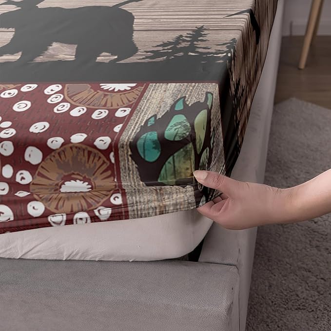 AILONEN Roaring Bear Fitted Sheet Set Queen Size, Rustic Cabin Bed Sheet Set,Wildlife Bedding Grey Bear Plaid Sheet Set,3 Pieces Teen Men Boys Bed Sheet Set,1 Fitted Sheet with 2 Pillowcases