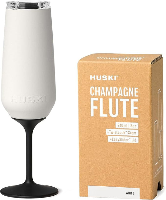 Huski Champagne Flute | NEW | Premium Stainless Steel Champagne Glass with Lid | Go Stemmed or Stemless with Detachable Stem | Triple Insulated Tumbler | 8oz Capacity | Great Gift (White)