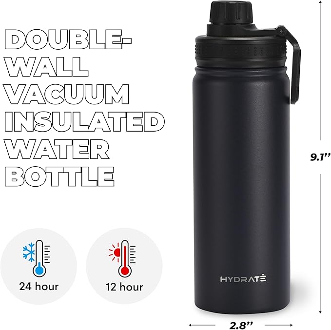 HYDRATE Insulated Stainless Steel Water Bottle - Large Reusable Flask with Leak-Proof Design and Convenient Handle - Double Vacuum Insulation for School, Work, or Adventure