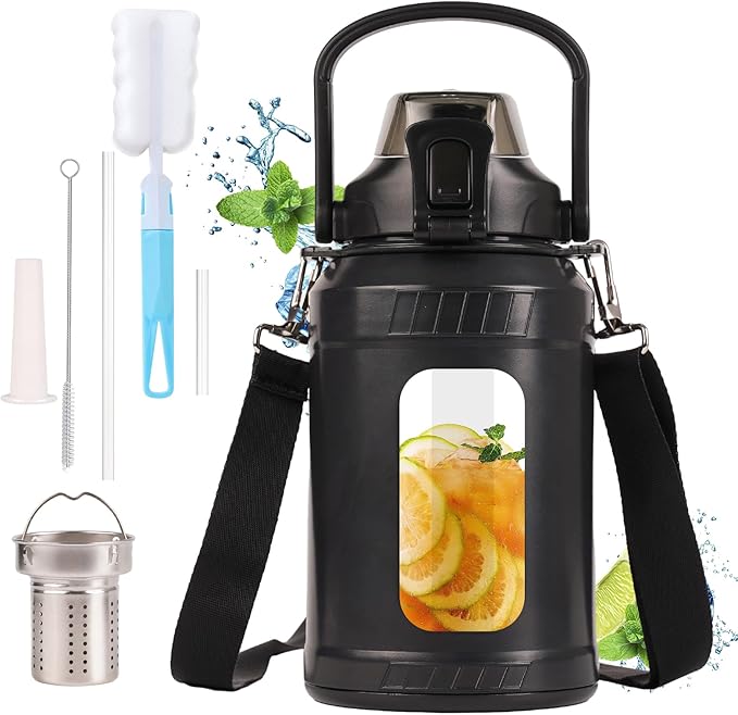 Glass Water Bottle,Inspirational Water Bottle With Straw and Handle,Large Sports Motivational Water Bottle with Strap and Shell For Gym,Sports,Daily (32 oz)