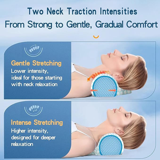 Cervical Neck Pillow: Designed to help alleviate neck discomfort. This neck pillow for sleeping can be used as a cervical traction device, for neck support and shoulder relaxation.. (Blue White)