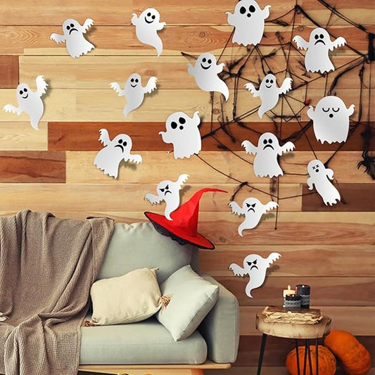 Halloween Wall Stickers 21Pcs Ghost Wall Decor 3D Self Adhesive Halloween Wall Decals Cute White Ghost Wall Decorations Reusable Window Stickers for Halloween Party Home Room Art DIY Accessories