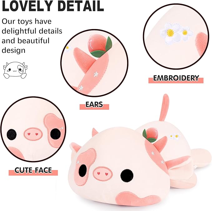 Onsoyours Cute Cow Plushie, Soft Stuffed Peach Cow Squishy Plush Animal Toy Flower Cow Pillow for Kids (Peach Cow, 12")