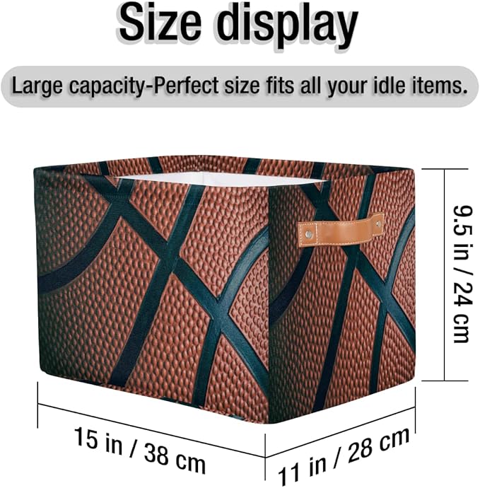 Basketball Storage Basket Collapsible Rectangular Storage Bin Large Fabric Storage Boxes Organizer 1Pc with Leather Handles for Clothes Toys Books Kitchen Laundry
