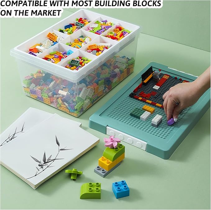 loobuu Plastic Storage Bins with Lids - 1 Set Stackable Arts Crafts Organizer Box with Removable Divided Tray &Compatible Building Baseplate,Toy Chest Containers for Bricks -Green(14.37"x9.64"x6.69")