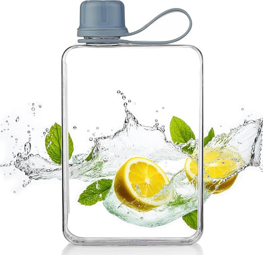 Tritan Transparent Flat Water Bottle samll Water Bottle Slim Square Pocket Bottle Water Flask, BPA Free/Slim Design/Leak Proof Water Bottle for Travel, Outdoor, Sports (Light Blue, 500ML)