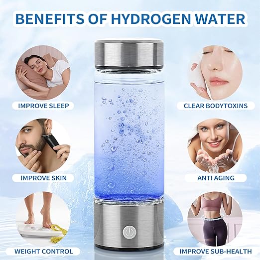 Hydrogen Water Bottle, Portable Hydrogen Water Bottle Generator, Rechargeable Hydrogen Water Ionizer Machine Quick Electrolysis Hydrogen Water Glass Health Cup for Office Travel Exercise Home, Silver
