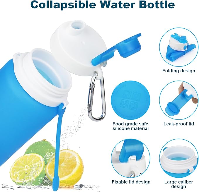 Collapsible Water Bottle, Foldable Water Bottle BPA Free Reusable Lightweight Leak-Proof Travel Silicone Water Bottle for Travel, Gym, Hiking, Office, Camping