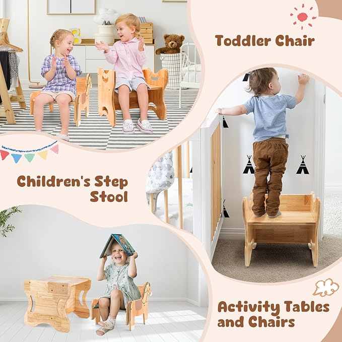 Grebarley Montessori Weaning Table and Chair Set, Solid Wood Tables and Chairs for Toddlers Age 1-3, Real Hardwood 2 in 1 Desk for Reading, Snack Time, Activity Cube, Step Stool, Montessori Furniture
