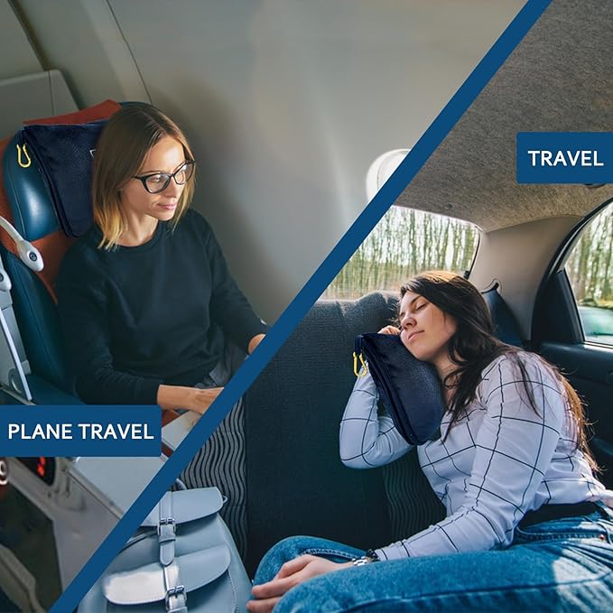 Bnuitland Travel Blanket and Pillow 2 in 1, Soft Flannel Airplane Blanket in Bag Compact-Long Flight Essential for Adults and Kids, Portable Luggage Sleeve and Backpack Clip, 65×40 inch Navy