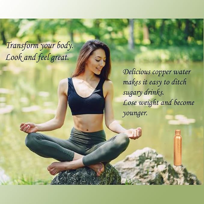 Pure Copper Water Bottle - Handcrafted - Ayurveda health benefits - L- 35 oz - Leak proof - Easy to carry for Sports, Fitness, Yoga, School - Natural Copper Finish Golden Glade Pattern